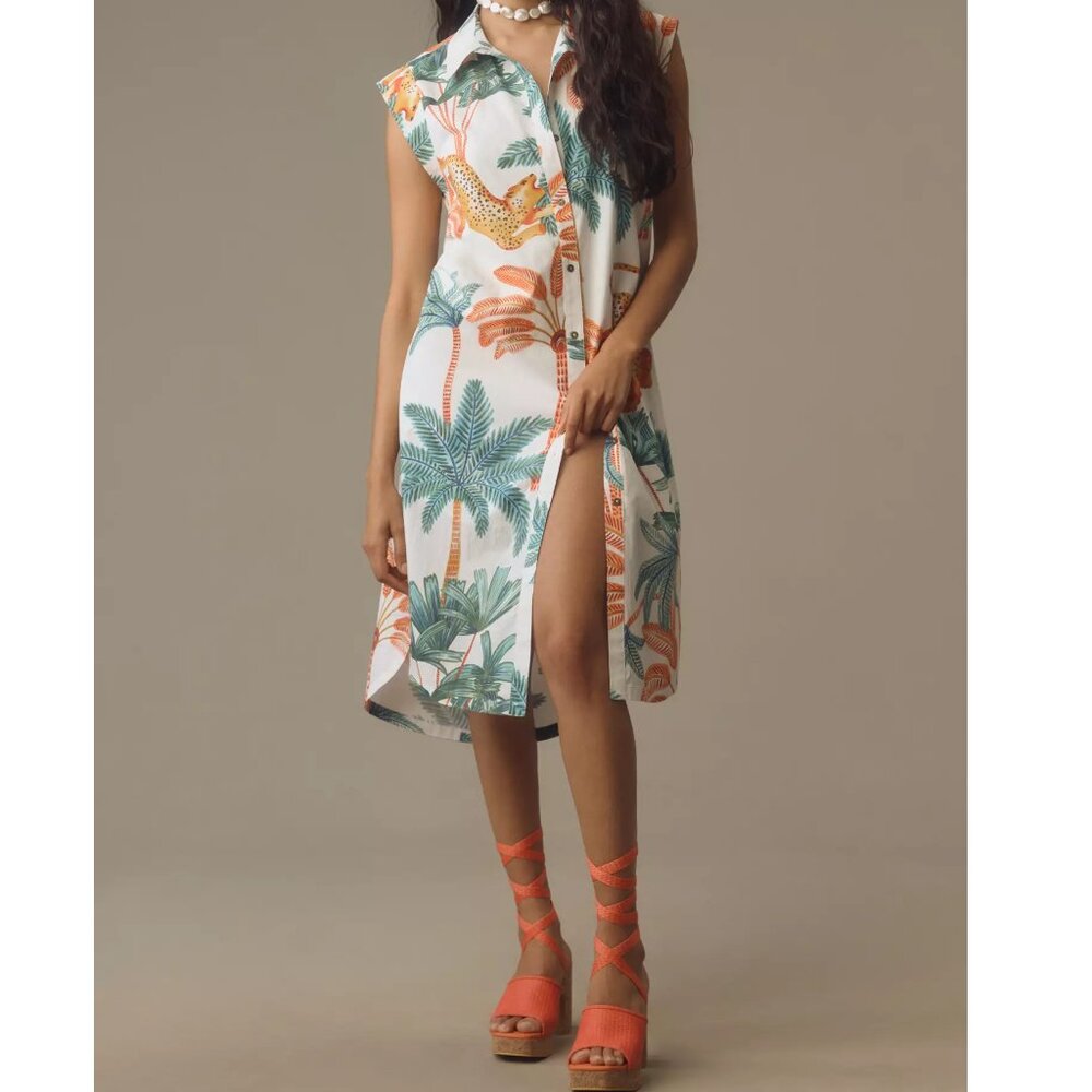 Anthropologie Maeve The Lillian Cap-Sleeve Button-Front Midi Dress Jungle L